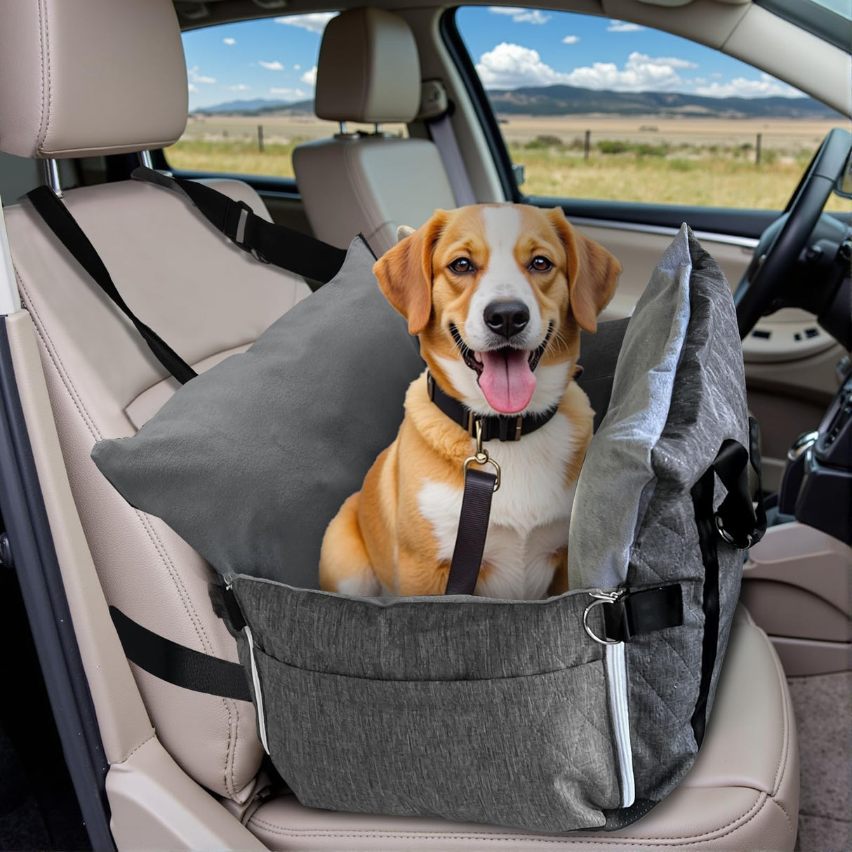 LELEFIDO Dog Car Seat for Small/Medium Dogs Under 40 lbs - Elevated Pet Seat with Safety Belt, Non-Slip Base, and Storage Pockets for Car Travel (Gray, 30 x 20.5 inch)