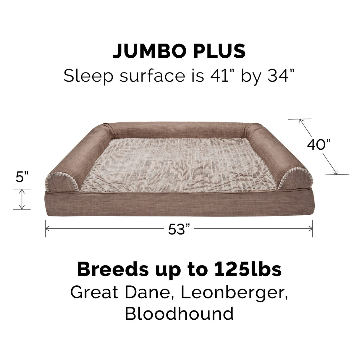 Furhaven Memory Foam Dog Bed for Large Dogs w/ Removable Bolsters & Washable Cover, For Dogs Up to 125 lbs - Luxe Faux Fur & Performance Linen Sofa - Woodsmoke, Jumbo Plus/XXL