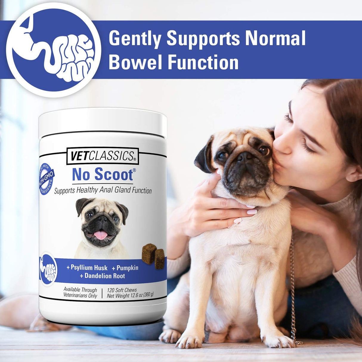 Vet Classics No Scoot Dog Supplements for Healthy Anal Gland Function – Support Normal Bowel Functions, Anal Glands – Increases Daily Fiber Intake for Dogs – 120 Soft Chews