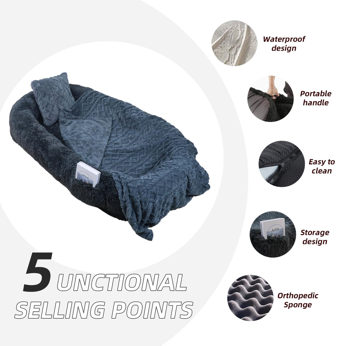 Human Dog Bed - 71''x45''x12'' Size Fits You and Pets, Washable Faux Fur Pet Bed for People Doze Off, Napping Orthopedic Dog Bed, Present Plump Pillow, Blanket, Strap - Dark Grey