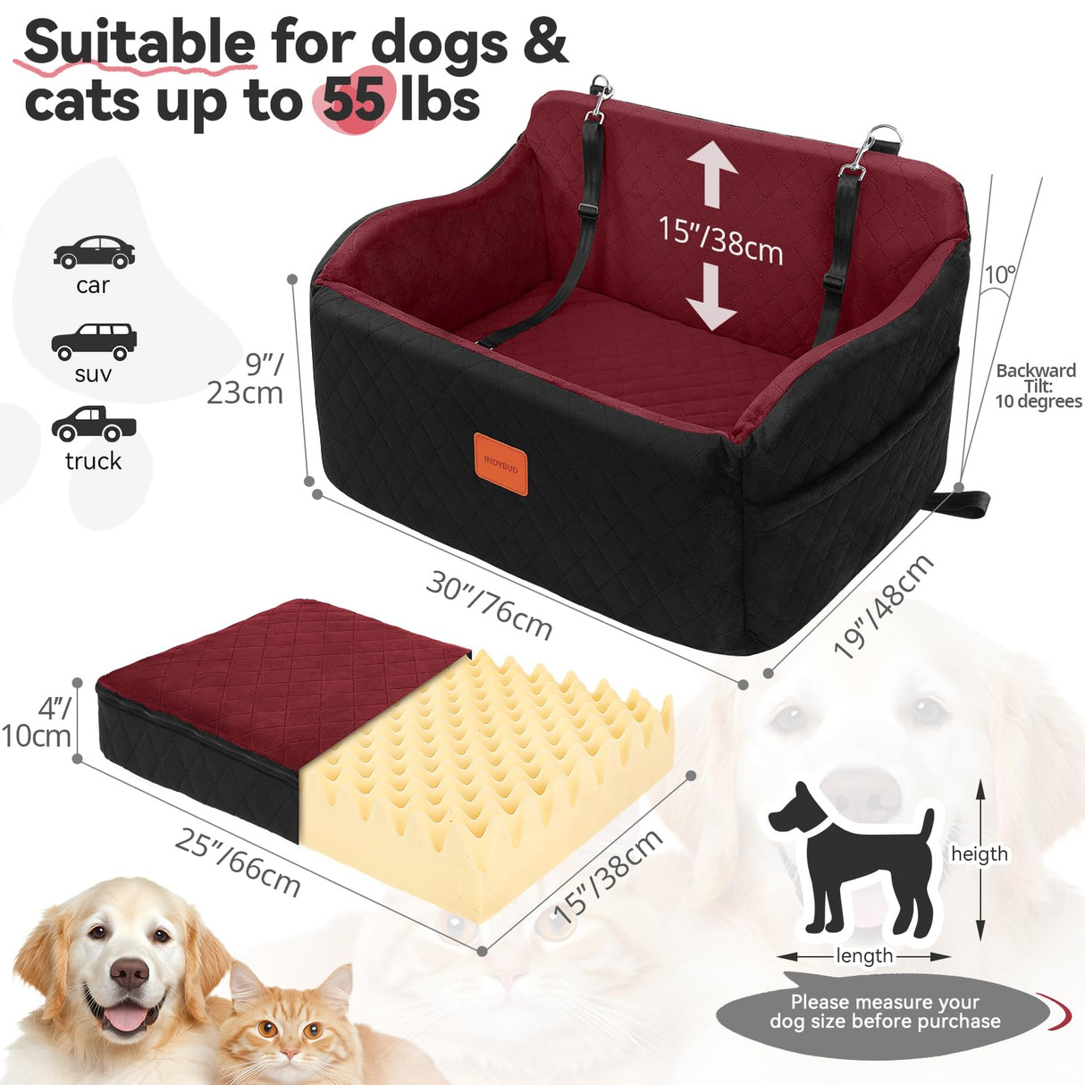 INDYBUD Dog Car Seat for Medium/Large Dogs, Memory Foam Pet Booster Seat for Under 55 lbs or 2 Small Dogs, Detachable Dog Car Bed for Backseat with 2 Safety Leashes and Pockets (Black/Red, Large)