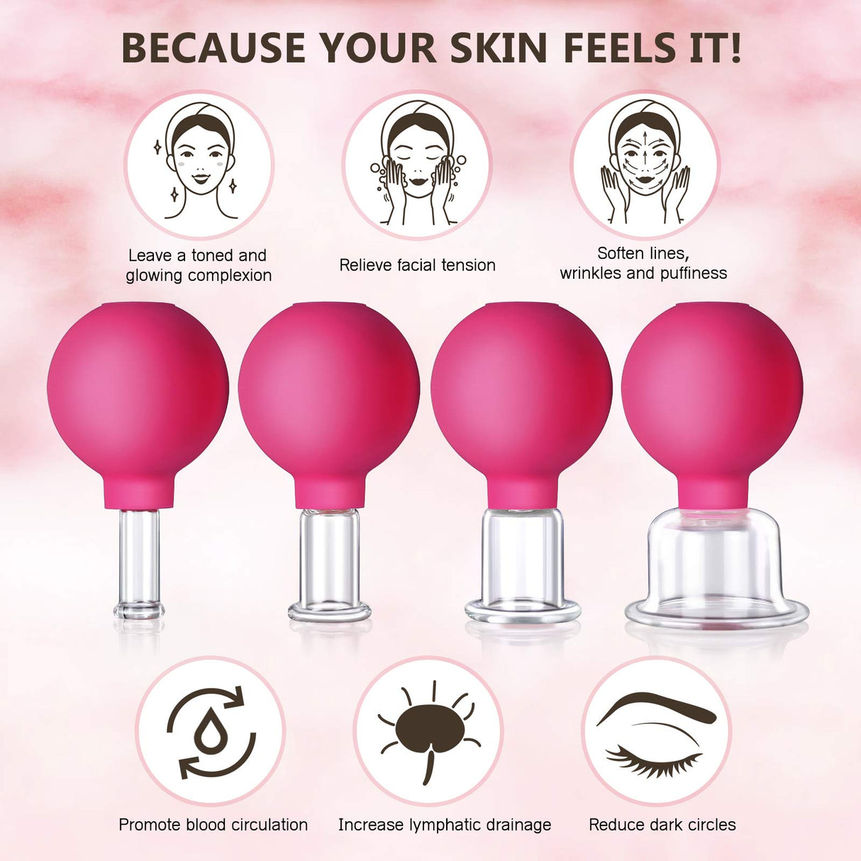 CFHBF 4 Size Facial Cupping Therapy Set Glass, Eye Face Vacuum Massage Anti Cellulite Cup - Silicone, for Beauty Body Cup Lymphatic Fascia Massager (Gift Box Packaging-red)