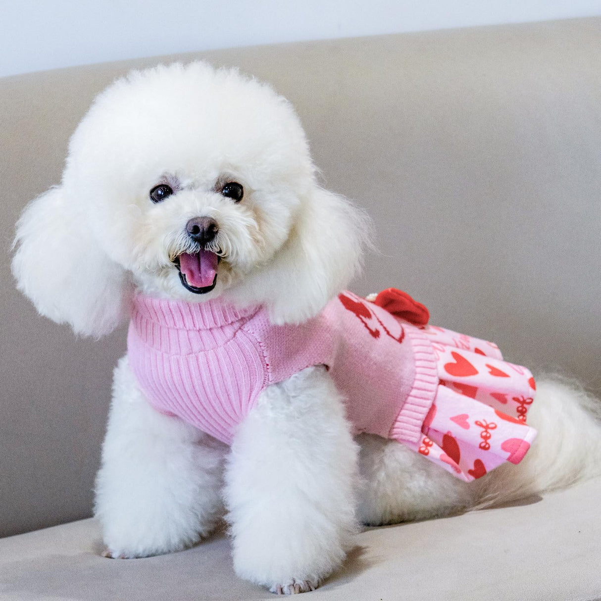 CuteBone Pink Dog Sweater Dress I WOOF You Pet Sweater Sweaters for Small Dogs with Bowtie Pullover Pupply Clothes Cats Clothes for Valentine's Day
