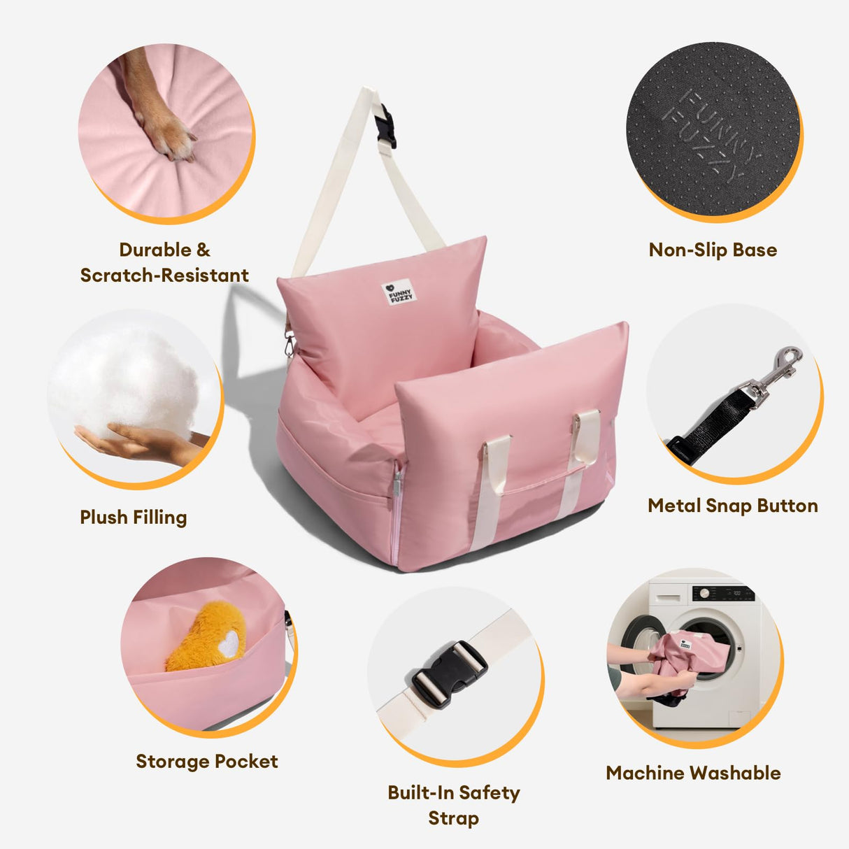 FUNNY FUZZY Dog Car Booster Seat for Small/Medium Dogs up to 25lbs – Waterproof, Non-Slip Base, Safety Leash & Fully Washable Design for Safe and Comfortable Travel (Pink)
