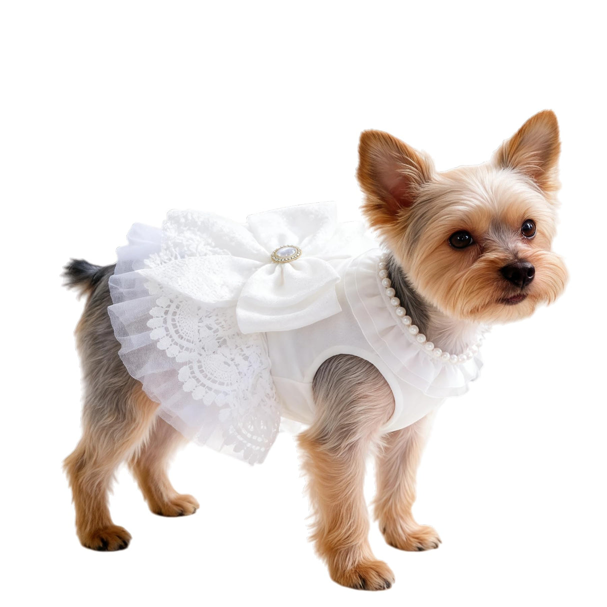 Luxury White Dog Wedding Dress with Pearl & Lace Tutu - Elegant Princess Outfit for Small Dogs/Cats, Ideal for Weddings, Birthdays, Photoshoots - S
