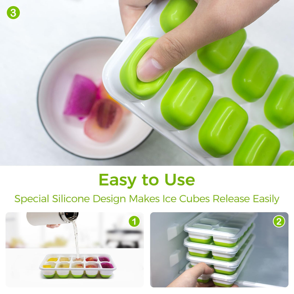 Ice Cube Tray with Lids - 4 Pack Stackable Silicone Ice Trays for Freezer, BPA & LFGB Safe, Easy Release for Kitchen, RV, Cocktail, Coffee, Soup & Food