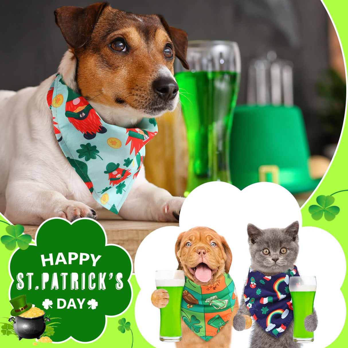 Sanwuta 50 Pieces St. Particks Dog Bandanas Bulk Bibs Triangle Dog Bandanas with Clover Patterns for St. Particks Pet Costume Decoration(25 x 17 x 17 Inch)