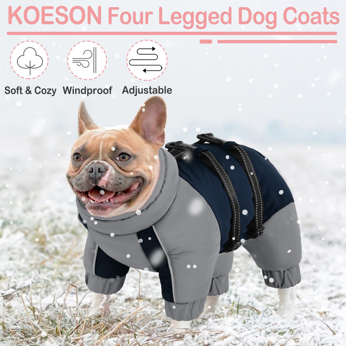 KOESON Four Legged Winter Coat, Warm Small Dog Jacket with Adjustable Buckles, Turtleneck Windproof Dog Fleece Jackets Reflective Fullbody Snowsuit Puffer Coat Blue Grey XS