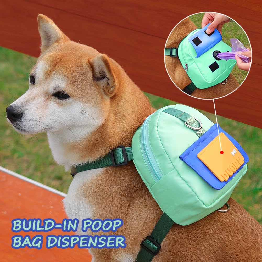 DoggieKit Dog Backpack Harness with Leash,Cute Pet Puppy Backpacks Bulid-in Dog Poop Bag Dispenser,Adjustable Pets Self Carrier Bag for Small Medium Dogs Travel Hiking Daily Walking(M, Green)
