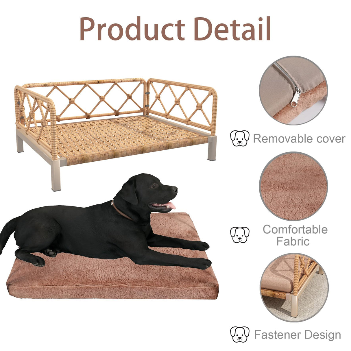 wallowsun Wicker Dog Bed with 2" Cushion,Rattan Dog Sofa Bed for Small Medium Dogs– Indoor/Outdoor Metal Frame Pet Bed up 66lbs (Brown Rattan Brown Cushion)