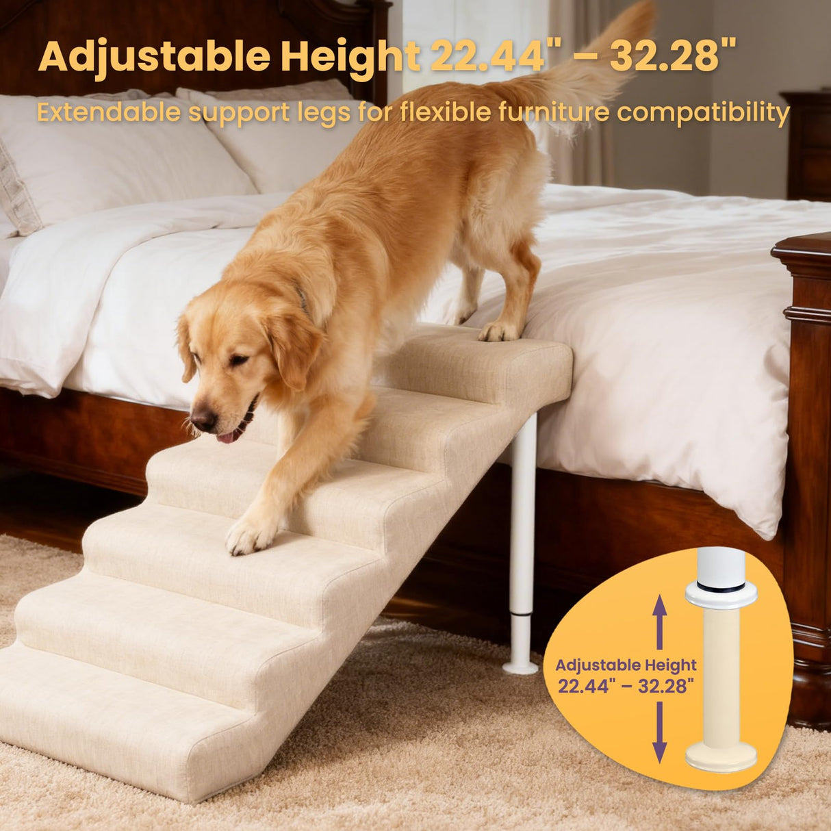 Homfstyi Leather Dog Stairs, 19.7" Extra Wide Dog Steps for Bed & Sofa, Adjustable Height 22.44"-32.28” Pet Ramp for Small to Large Dogs, Holds Up to 150 lbs(6-Step)