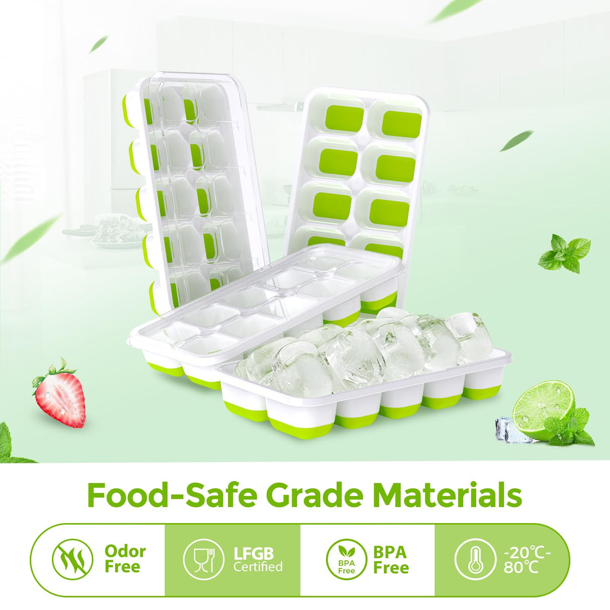 Ice Cube Tray with Lids - 4 Pack Stackable Silicone Ice Trays for Freezer, BPA & LFGB Safe, Easy Release for Kitchen, RV, Cocktail, Coffee, Soup & Food