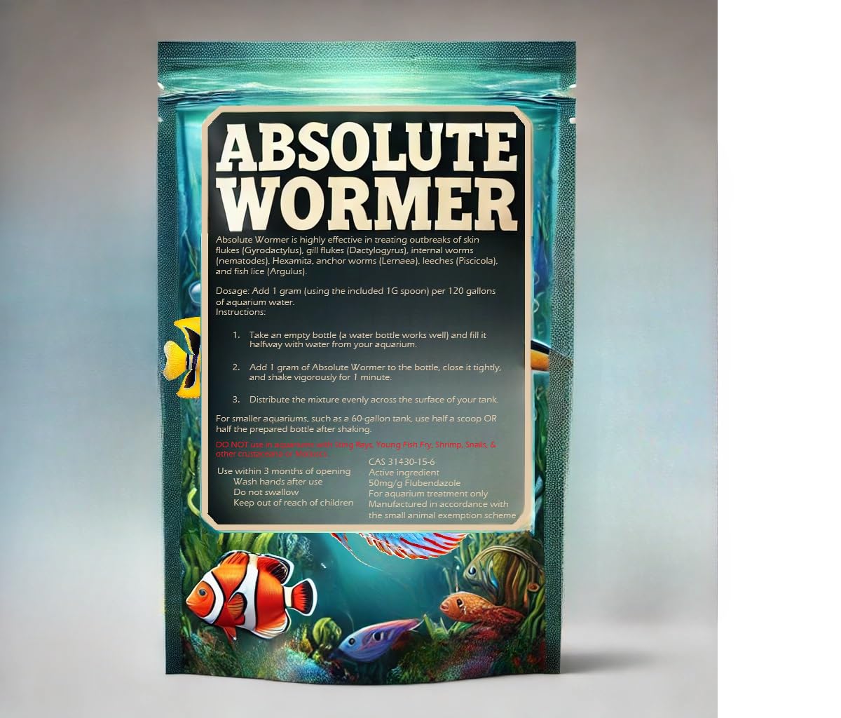 Absolute Wormer - Freshwater and Saltwater Fish Powder Medication. with parasites and Flukes. (5G - Treats 600 GALLONS)