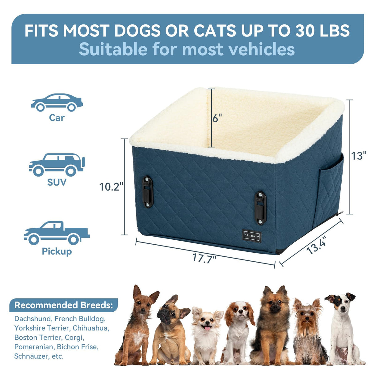 PETSFIT Pet Car Seat for Small Dogs, Soft Foam Dog Booster Car Seat with Patented Safety Buckles, Storage Pockets and Detachable Clip-On Safety Leash, Dog Carseat for Small Dogs Under 30 LBS (Blue)
