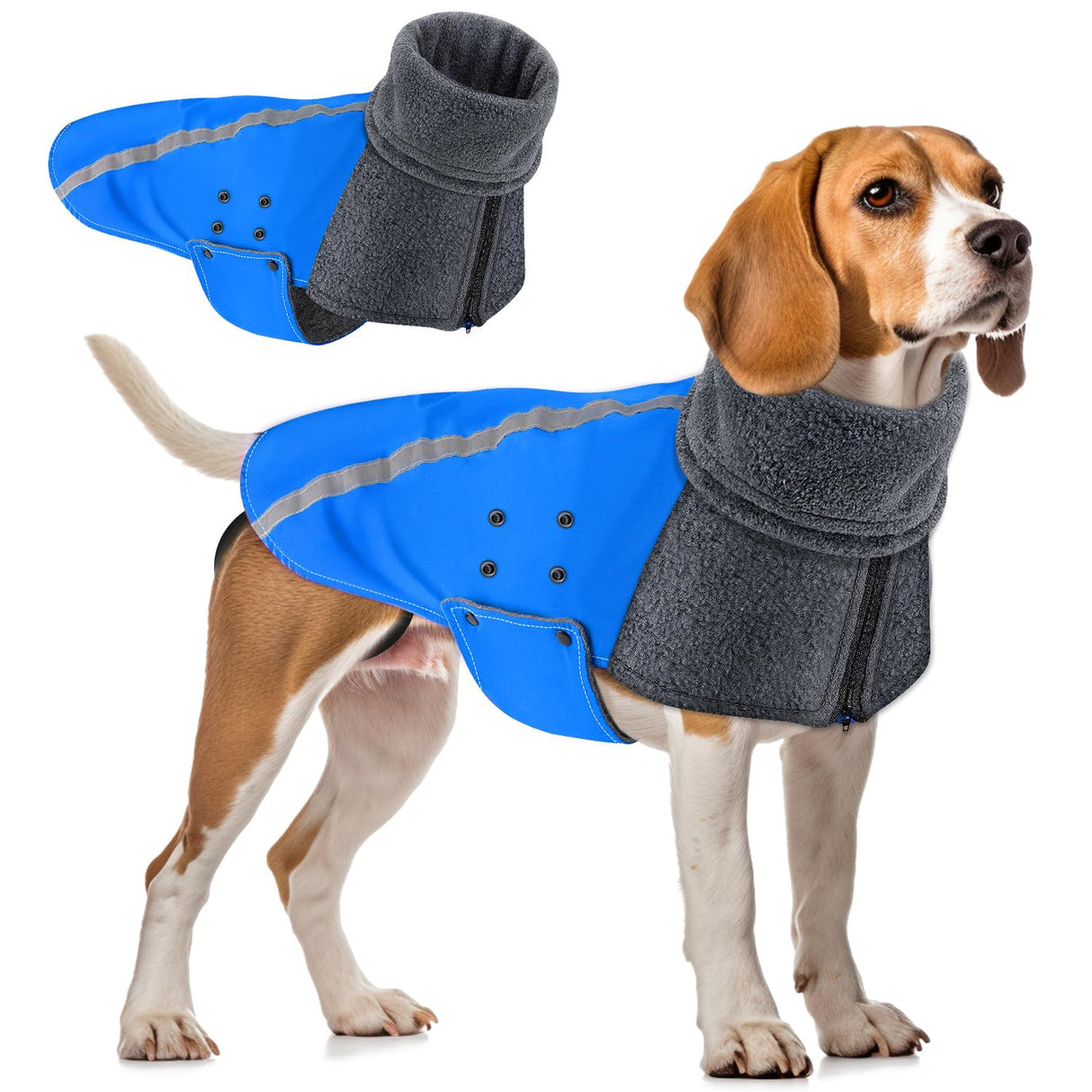 SlowTon Winter Dog Coat, Warm Polar Fleece Lining Doggie Outdoor Jacket with Turtleneck Scarf Reflective Stripe Adjustable Waterproof Windproof Puppy Vest Soft Pet Outfits (M+,Blue)