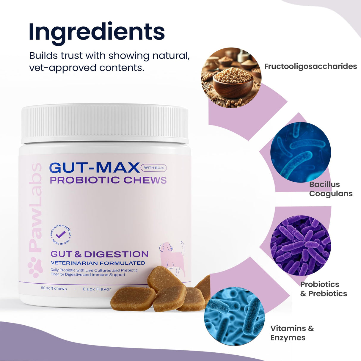 PAWLABS Gut Max Probiotic Chews - Natural, Vet Formulated Digestive & Immune Support - Relieves Diarrhea, Constipation - with Patented BC30™ Bacillus Coagulans - Duck Flavor - 90 Soft Chews