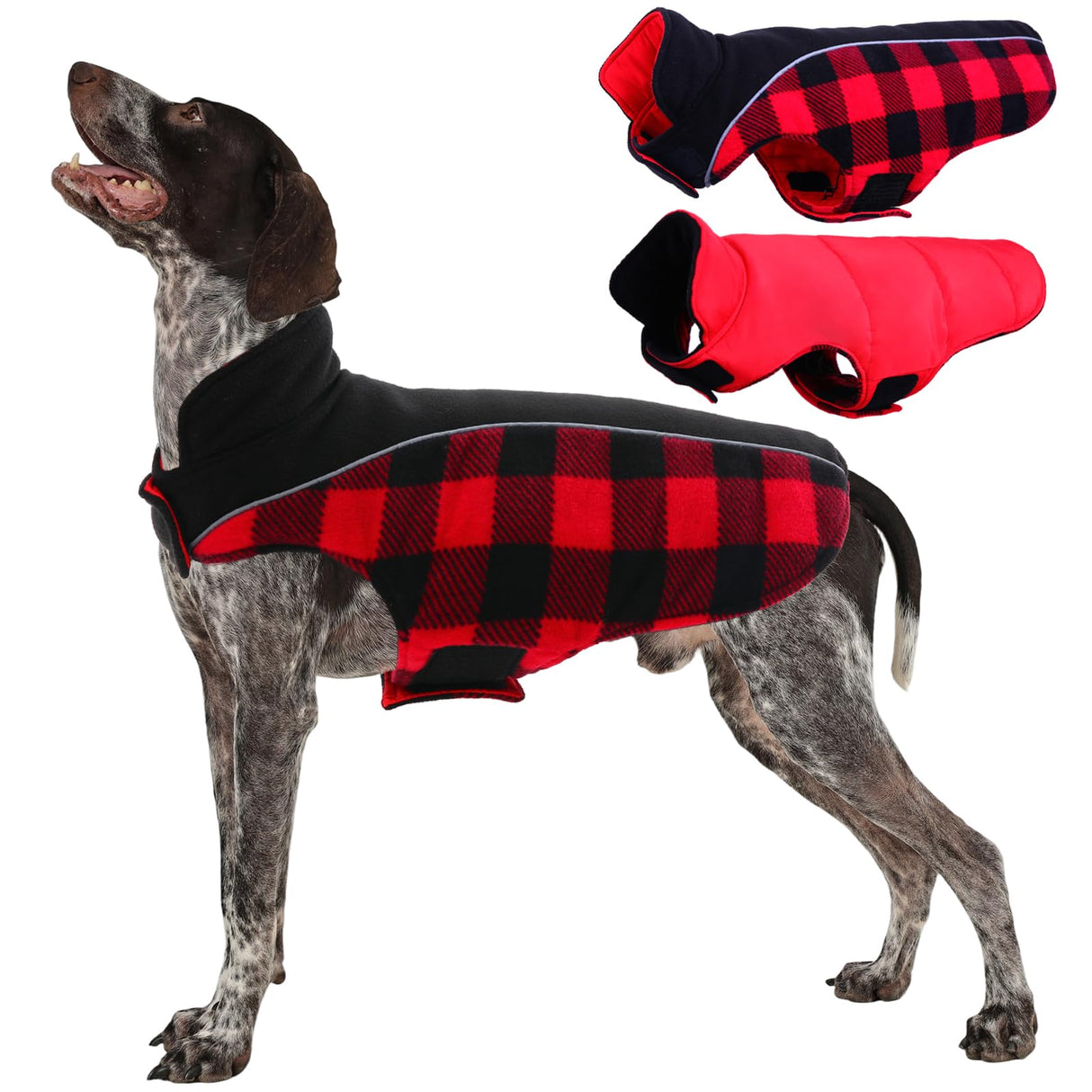 Kuoser Dog Winter Coat, Reversible Waterproof Dog Jacket with Reflective Strip, Warm Dogs Fleece Vest Adjustable Doggy Cold Weather Clothes Plaid Christmas Outfit Pet Apparel for Large Dogs, Red L