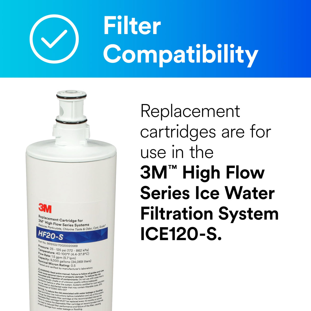 3M Water Filtration Replacement Cartridge for Commercial Ice Maker Machines HF20-S for High Flow Series ICE120-S, 5615103
