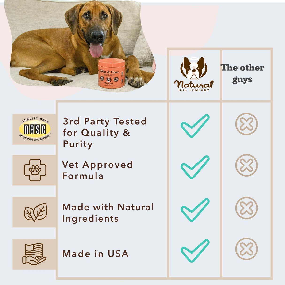 Natural Dog Company Skin & Coat Supplement for Dogs – Omega 3 Salmon Oil, Biotin & Vitamin E Support Shiny Coat, Healthy Skin & Normal Shedding, Promotes Comfort from Occasional Itch, 90 Count