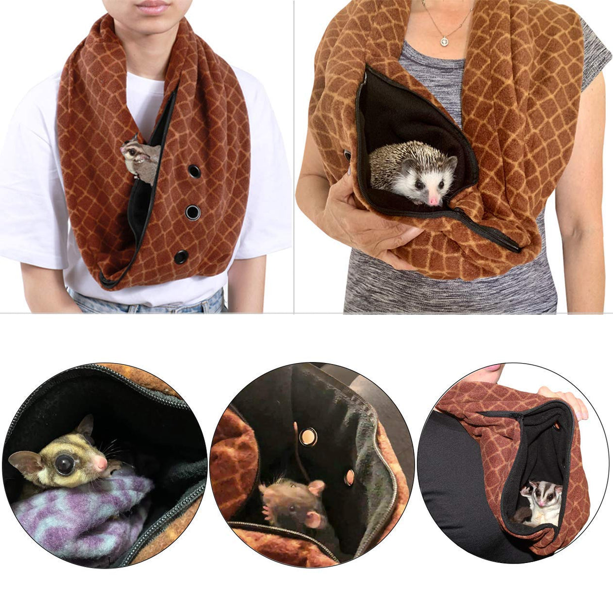 Pet Bonding Scarf - Carry Bonding Pouch - for Chinchillas, Hedgehogs, Rats, Sugar Gliders, Guinea Pigs, Rabbits, Hamsters, Gerbils, Squirrels, Ferrets, Kittens, Parrots, Birds, Reptiles (Black)