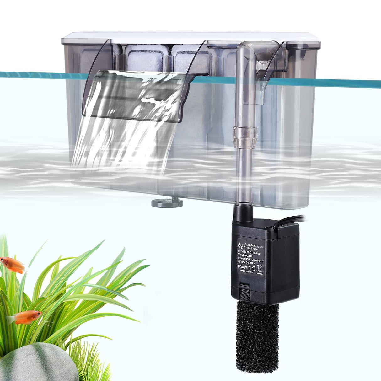 AQQA Quiet 30-50 Gallon Fish Tank Filters - Auto Start Hang on Back Aquarium Filter, Adjustable Flow, Deodorization Decontamination Filter System AQ168 (8W 200GPH)
