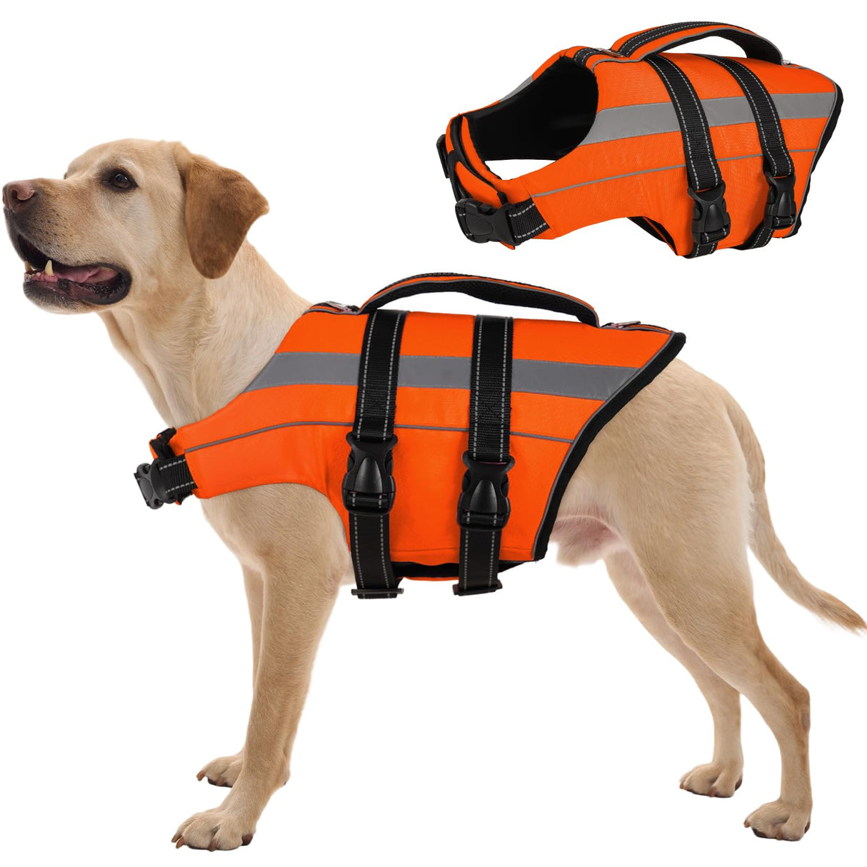 FUAMEY Life Jacket for Large Dogs, Ligjtweight Dog Life Vest for Swimming Pool, Dog Life Preserver with Handle & Reflective Strips, Orange, XXL