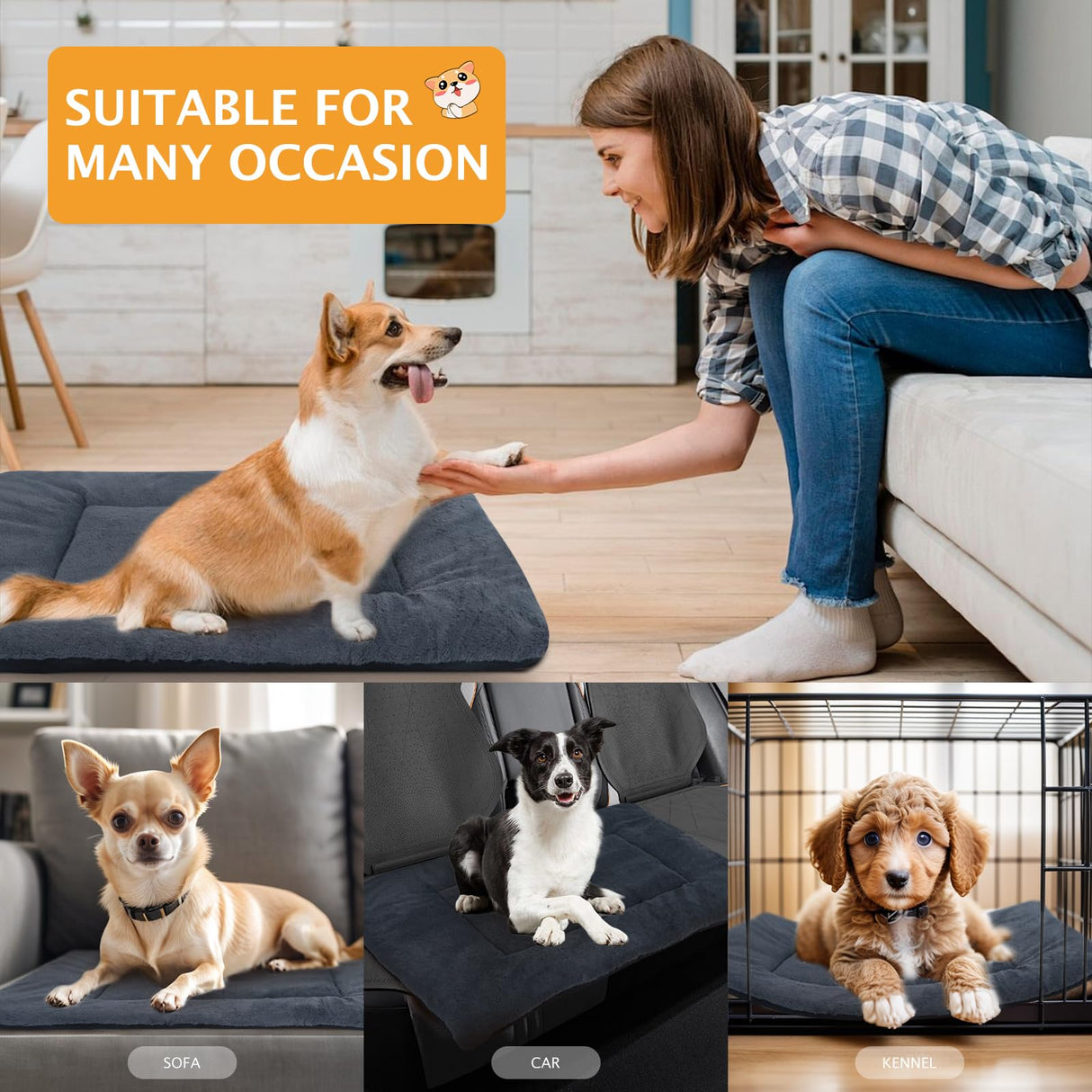 Vetasac Reversible Dog Bed Mat with Plush and Corn Velvet,Soft Warm Pet Cushion, Dual Purpose Washable Sleeping Mattress Bed for Small Medium Large Dog and Cat XB004 (30"x20", Dark Grey)