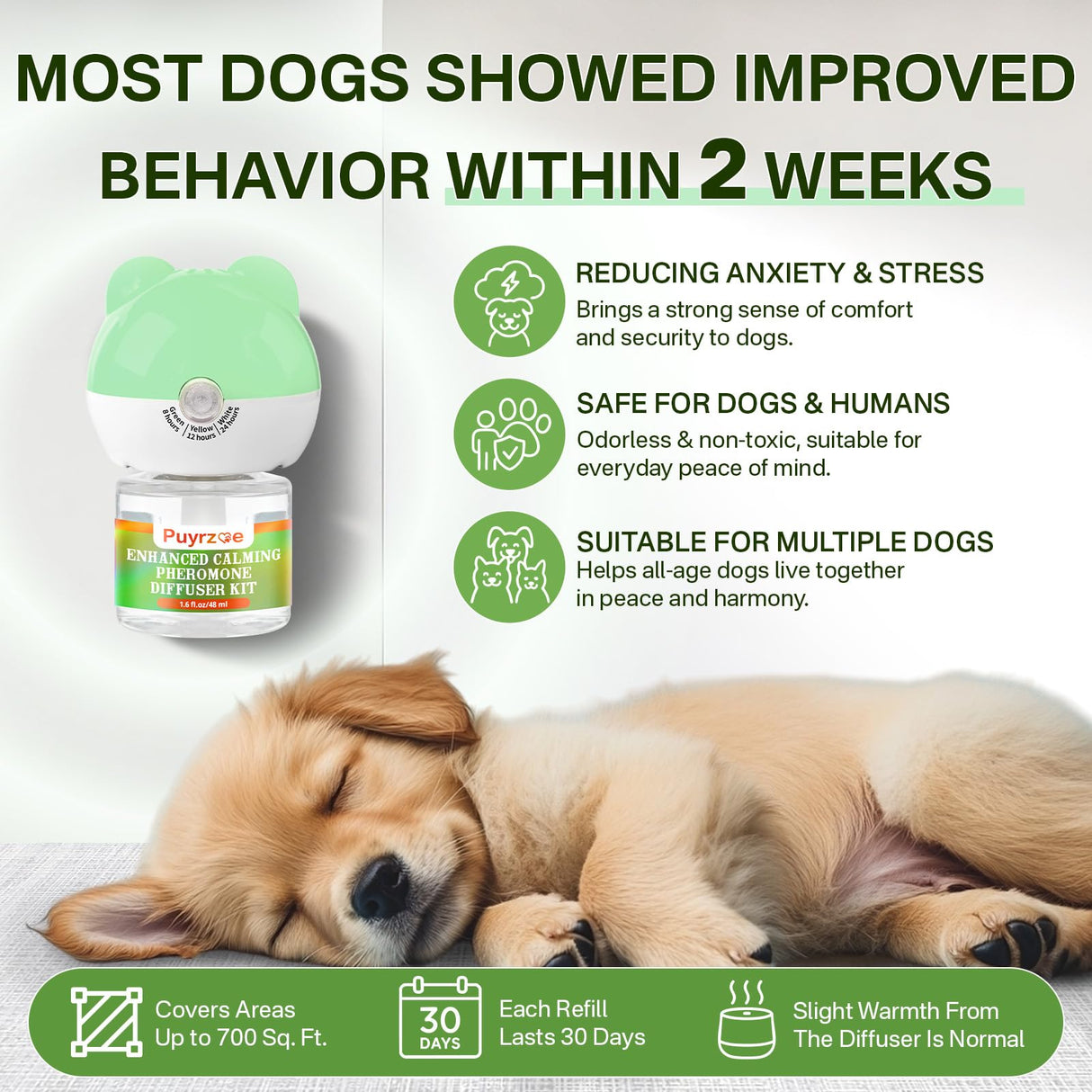 puyrzoe Dog Calming Diffuser with Timing Functions, 3-in-1 Dog Anxiety Relief Diffuser Kit, 120-Day Anxiety Relief, Stress Relaxation Pheromones Calming for All Dogs (1 Diffusers + 2 Refills)