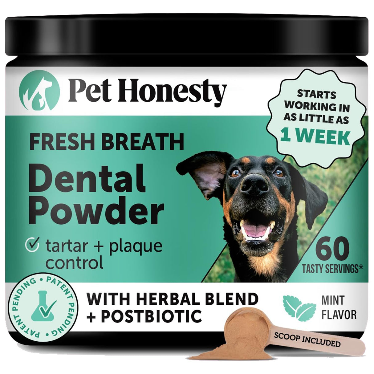 Dog Breath Freshener Dental Powder for Teeth Cleaning Plaque Off, Dental Care for Large Dogs, Tartar Remover for Teeth with Natural Herbal Blend + Postbiotics (Mint - 60 Servings)