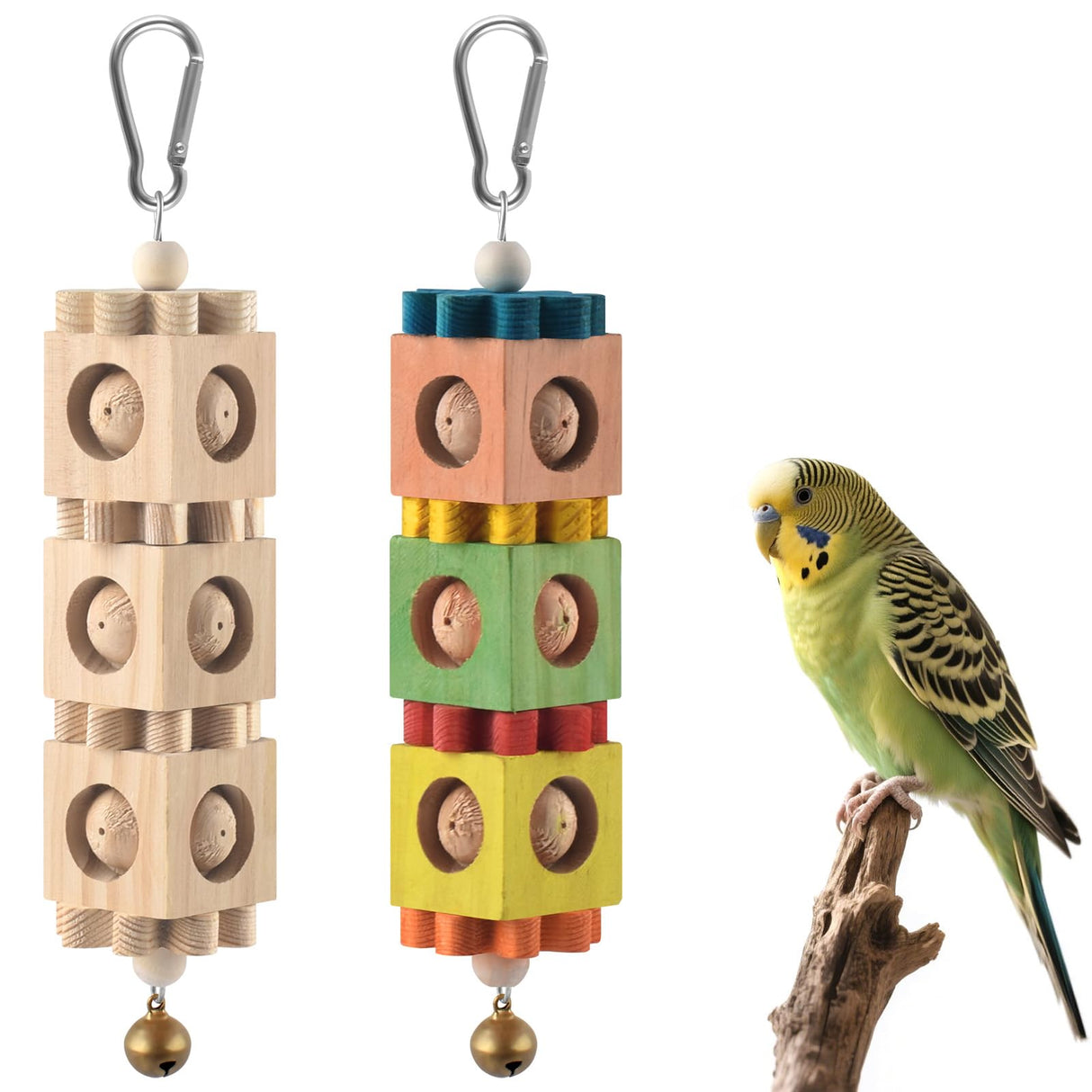 DBNESS 2Pcs Bird Chew Toys for Beak Grinding, Hanging Rotating Wood Block with Bell Parrot Foraging Enrichment Toy for Small to Medium Cocktiel, Conure, Caique