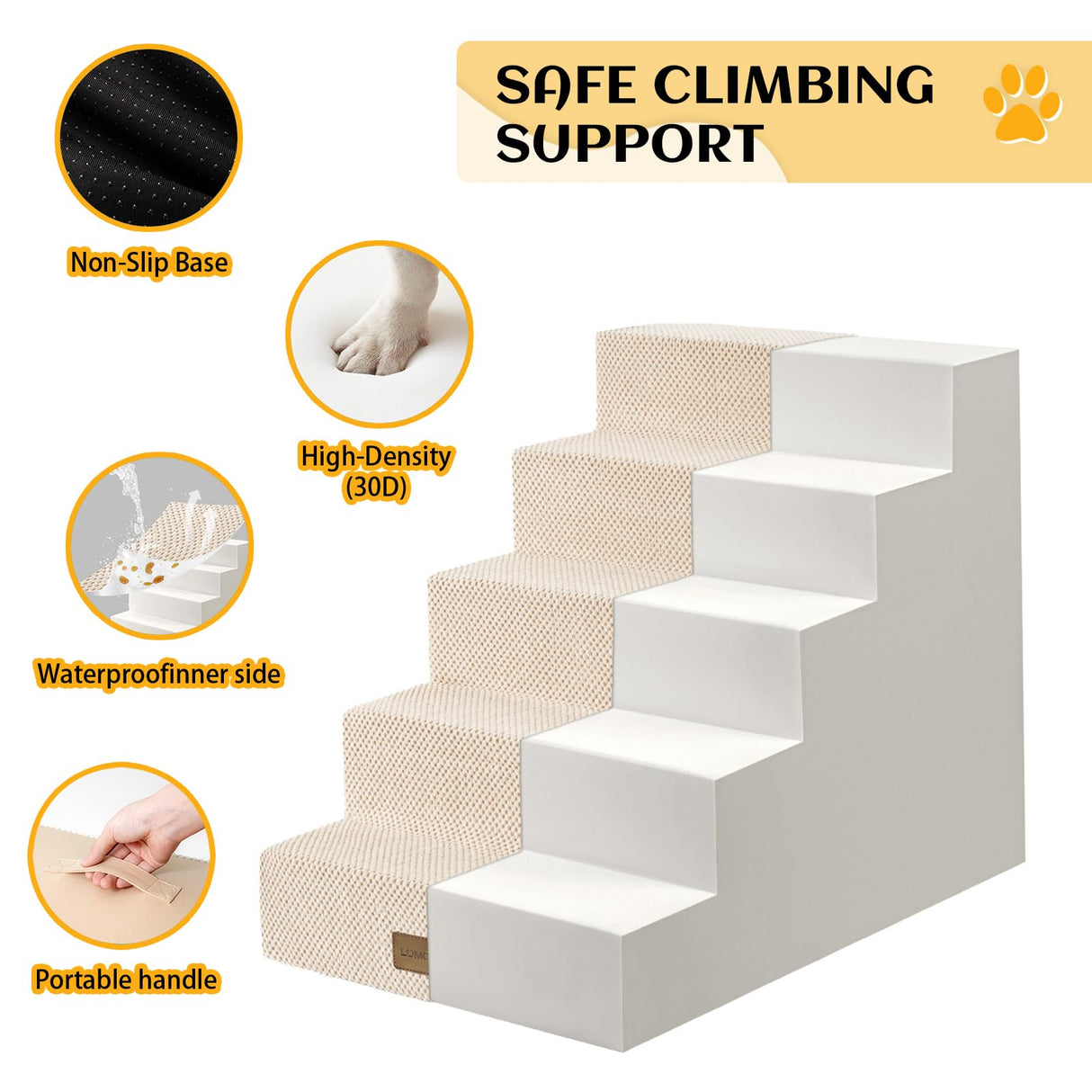 LOMORA Dog Stairs for Small Dogs, 5 Tier Widened Pet Stairs for High Beds, 23.6" H Non-Slip Dog Steps for Puppy, Elderly, or Disabled Dogs, 17.7x30x23.6 inch, Beige