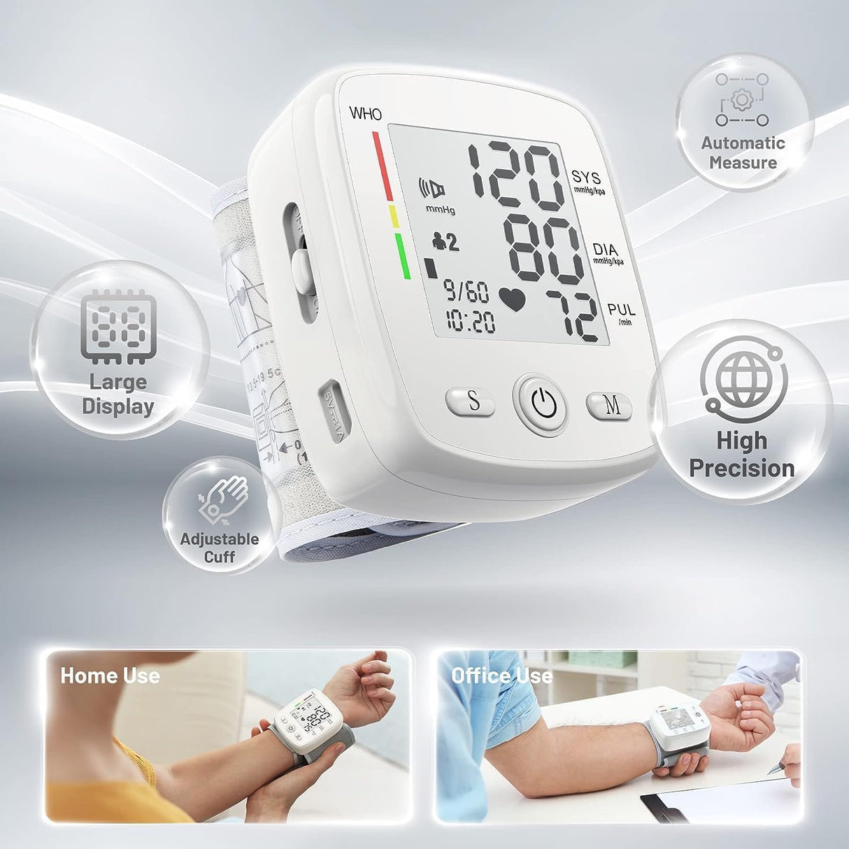 Blood Pressure Monitor Digital Wrist BP Machine Automatic BP Cuff (5.3 to 7.7 in) with 2 Users 180 Memory Voice Large LCD Display Adjustable Cuff USB Charging Carrying Case,White
