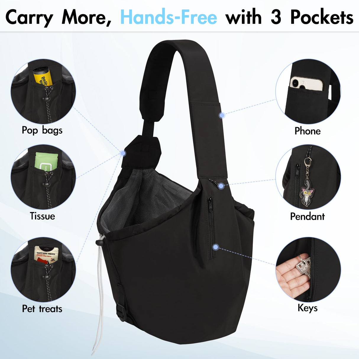 Creproly Dog Carrier Sling, Dog Carriers for Small Dogs & Cats with Pockets, Puppy Carrier Sling 15 lbs Machine Washable, Adjustable Shoulder Strap, Hands Free for Family Outdoor Use (Black)
