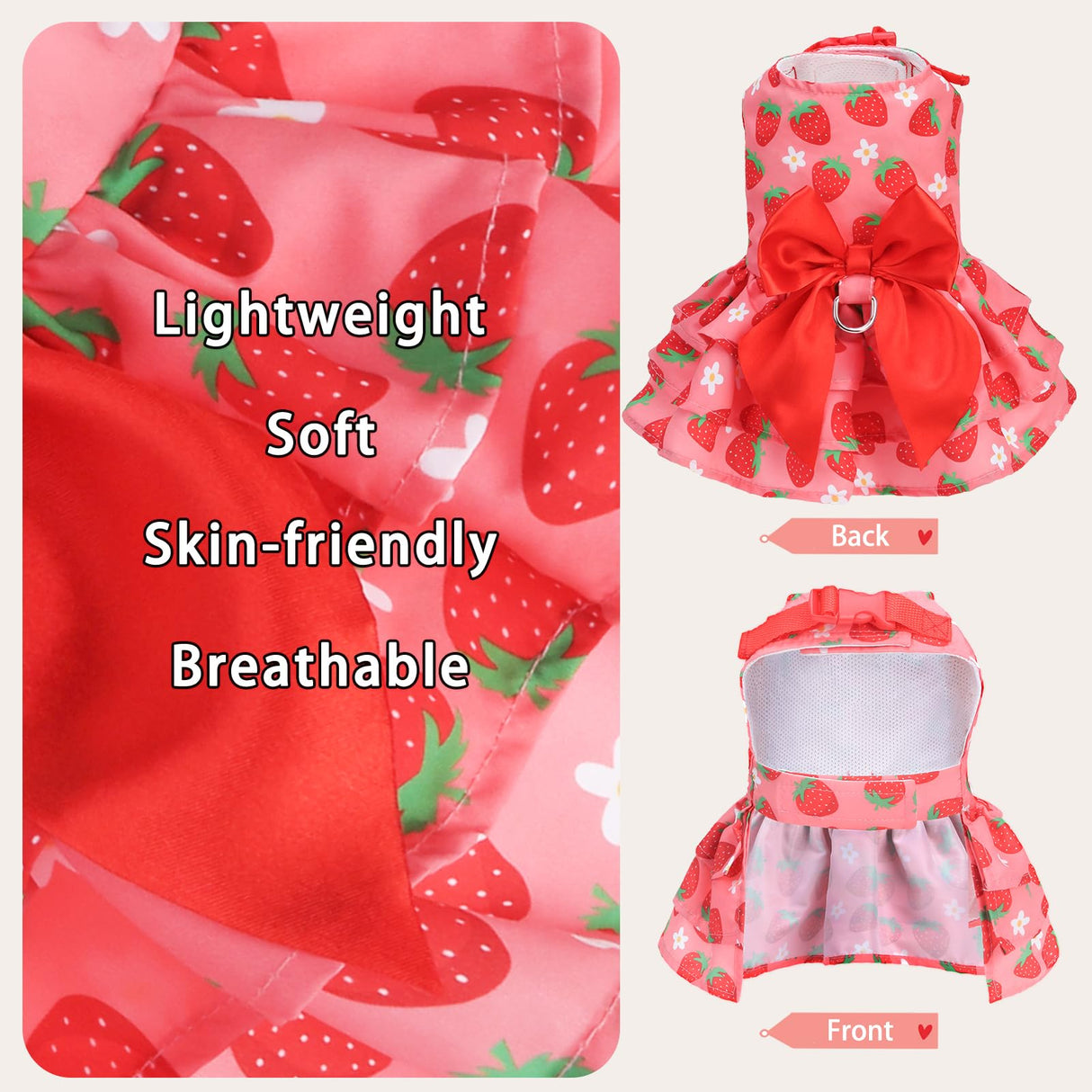 PUPTECK Cute Dog Dress with Bowknot and Leash Ring, Soft Breathable Dog Clothes Puppy Princess Girl Outfit, Pet Apparel Costume for Small Medium Sized Dogs, Pink Strawberry XS