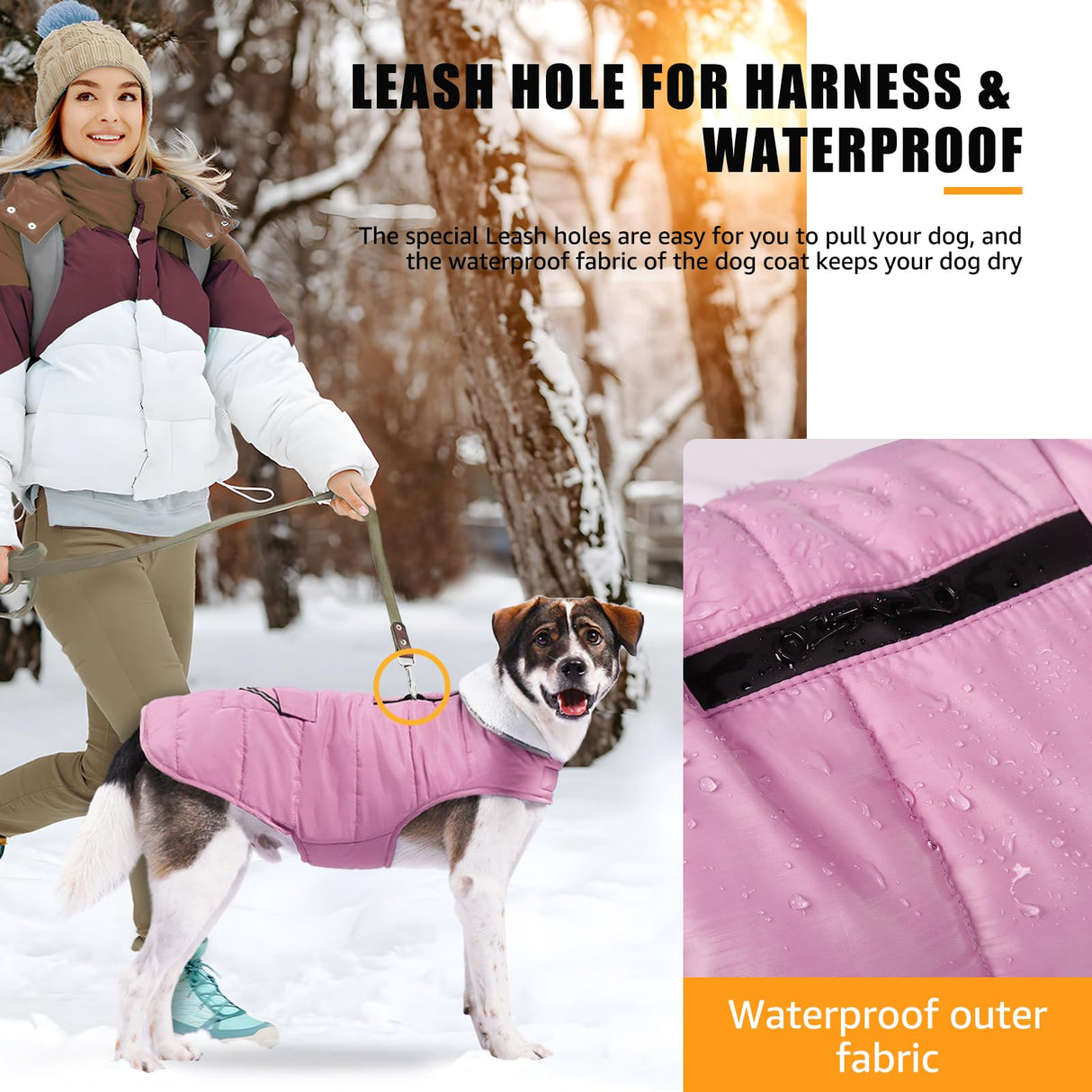 iBuddy Dog Winter Coat for Large Dogs, Easy on Dog Snow Coat Velcro Waterproof Pet Puffer Jacket with Harness Hole Adjustable Reflective Quilted Pet Cold Weather Vest Wind-Poof for Pitbull Boy Girl