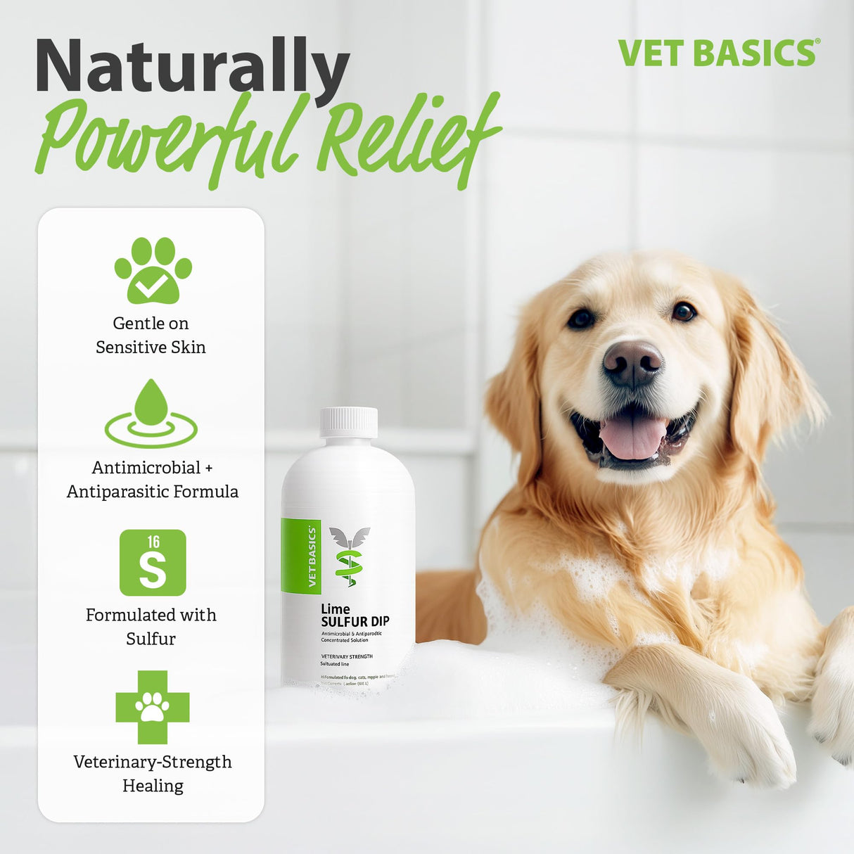 Vet Basics Lime Sulfur Dip β Skin Itch Relief Concentrated Antimicrobial & Antiparasitic Solution for Dogs, Cats, Puppies, Kittens & Horses, Helps Manage Ringworm, Mange, Skin Irritation, 16oz