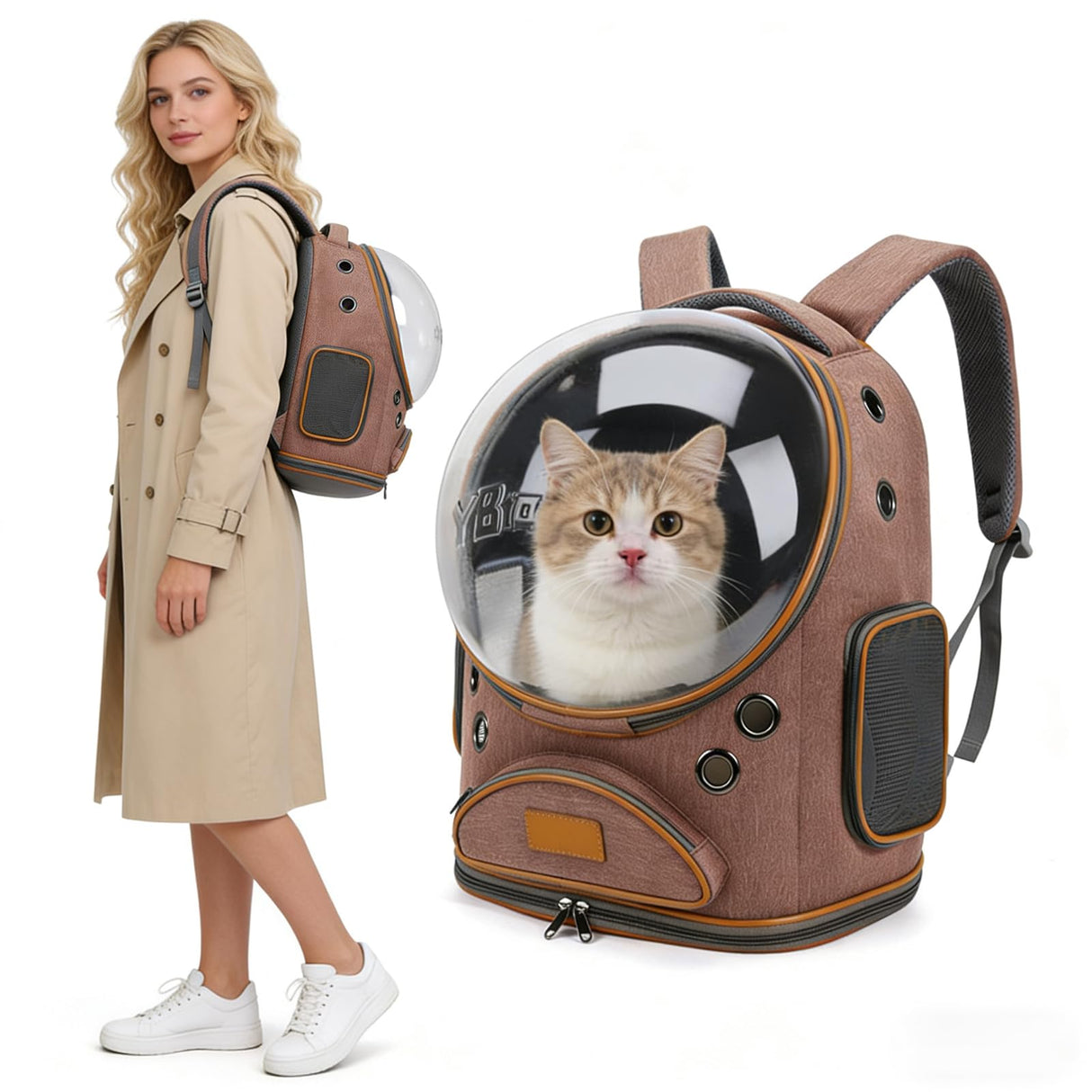 Cat Backpack Carrier, Breathable Cat Carrier Large Space Bubble Pet Backpack for Small Dog and large cat up to 18lbs, Transparent & Foldable Pet Carrier for Travel Hiking (Brown)