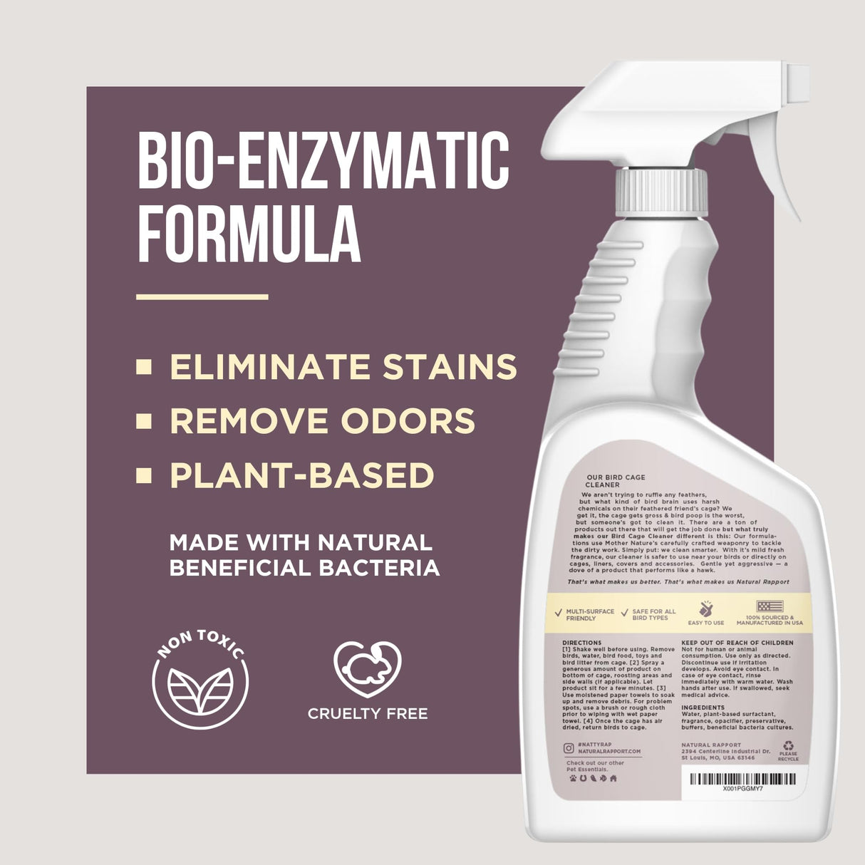 Natural Rapport Bird Cage Cleaner - The Only Bird Cage Cleaner You Need - Bird Poop Spray Remover, Naturally Removes Bird Waste (32 Oz)