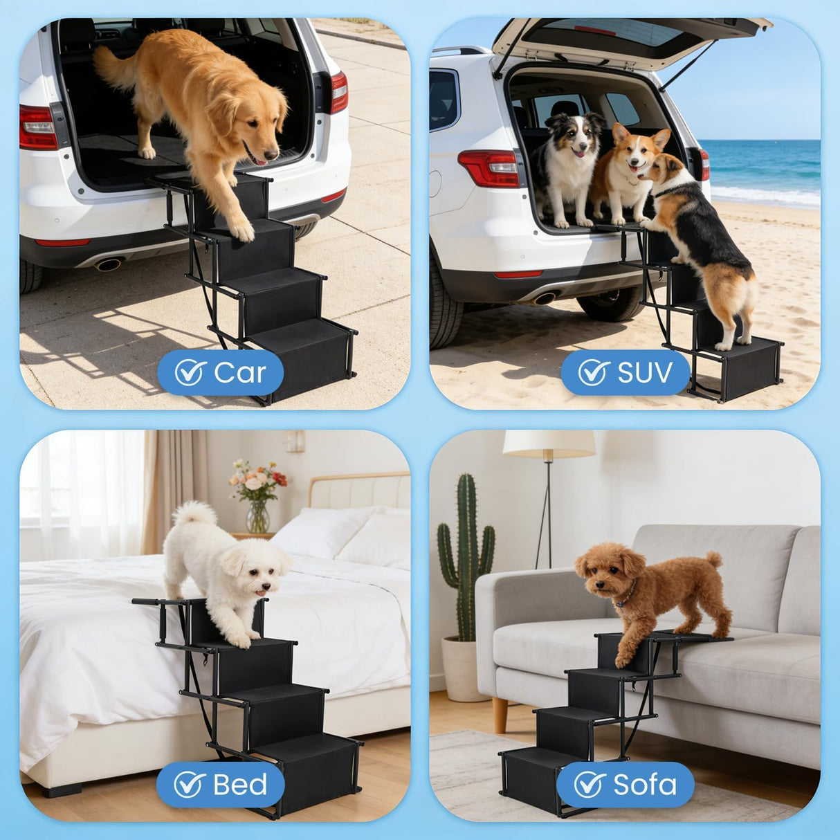 Extra Wide 4 Steps Dog Vehicle Ramps | Portable Non-Slip Pet Stairs for Cars, Trucks & SUVs | Folding Dog Ladder for High Beds | Supports Up to 200 Lbs