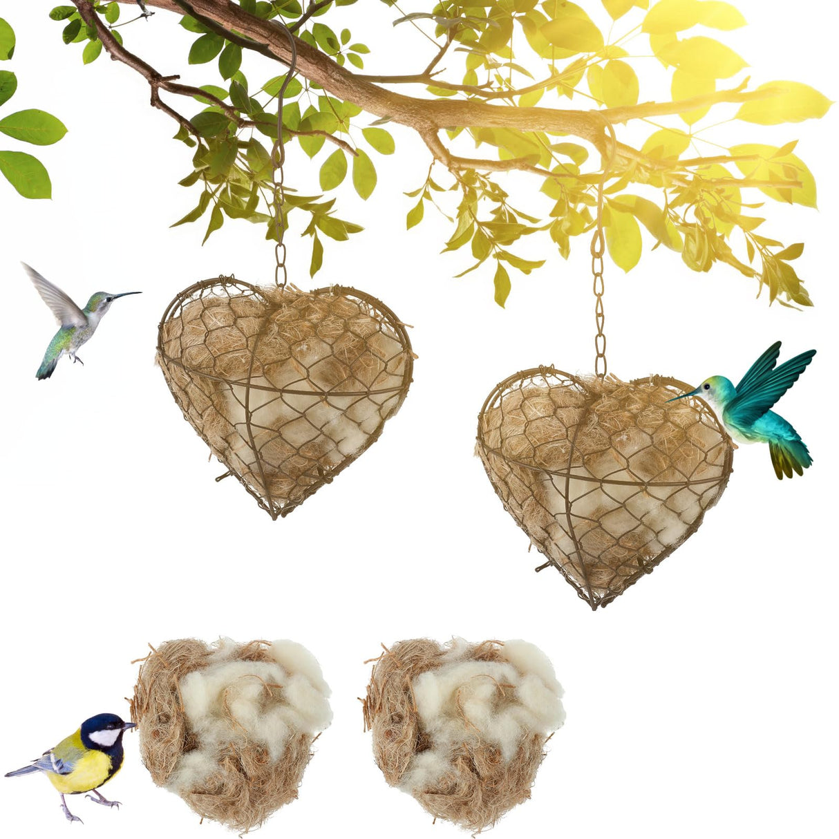 Menkxi 2 Pcs Nesting Material Bird, 9 x 7 Inch Hummingbird Nest House Bird House for Outside, Gift Design for Animal Lovers, Winter Fowl Gifts in Indoor Patio Garden (Heart Shaped)