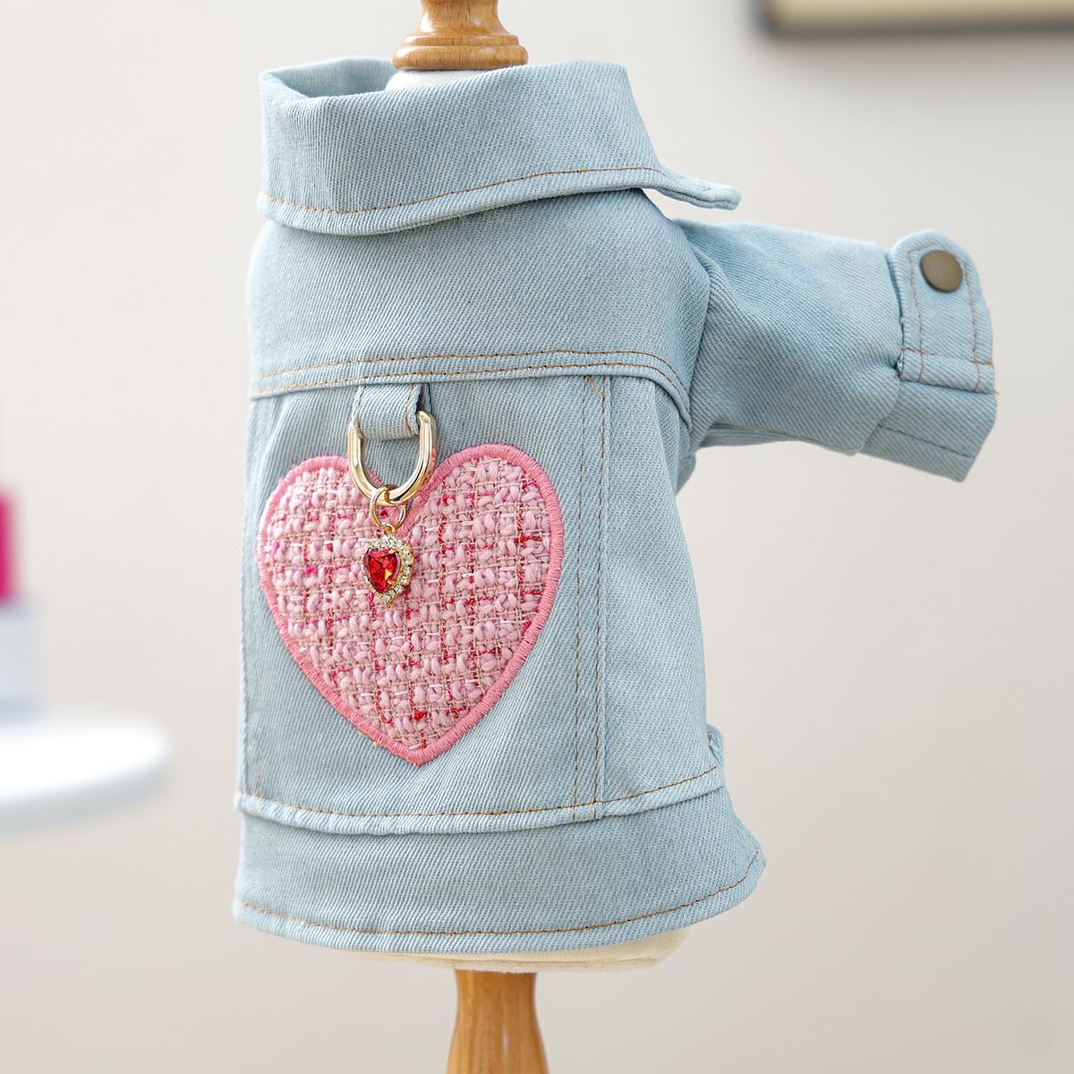 Love Hearts Dog Denim Jacket Clothes Pet Outfits Vest Jean Princess Puppy Jumpsuit Doggy Costume (Blue & Pink, X-Small)