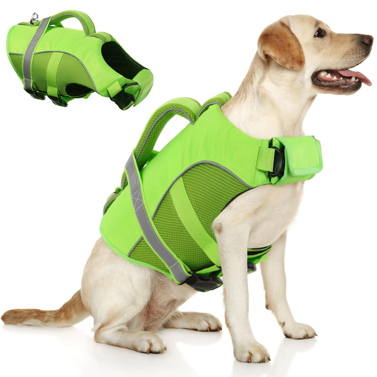 Queenmore Dog Life Jacket, Adjustable Ripstop Dog Vest for Swimming, Boating with Rescue Handle, Superior Buoyancy - Green, XL