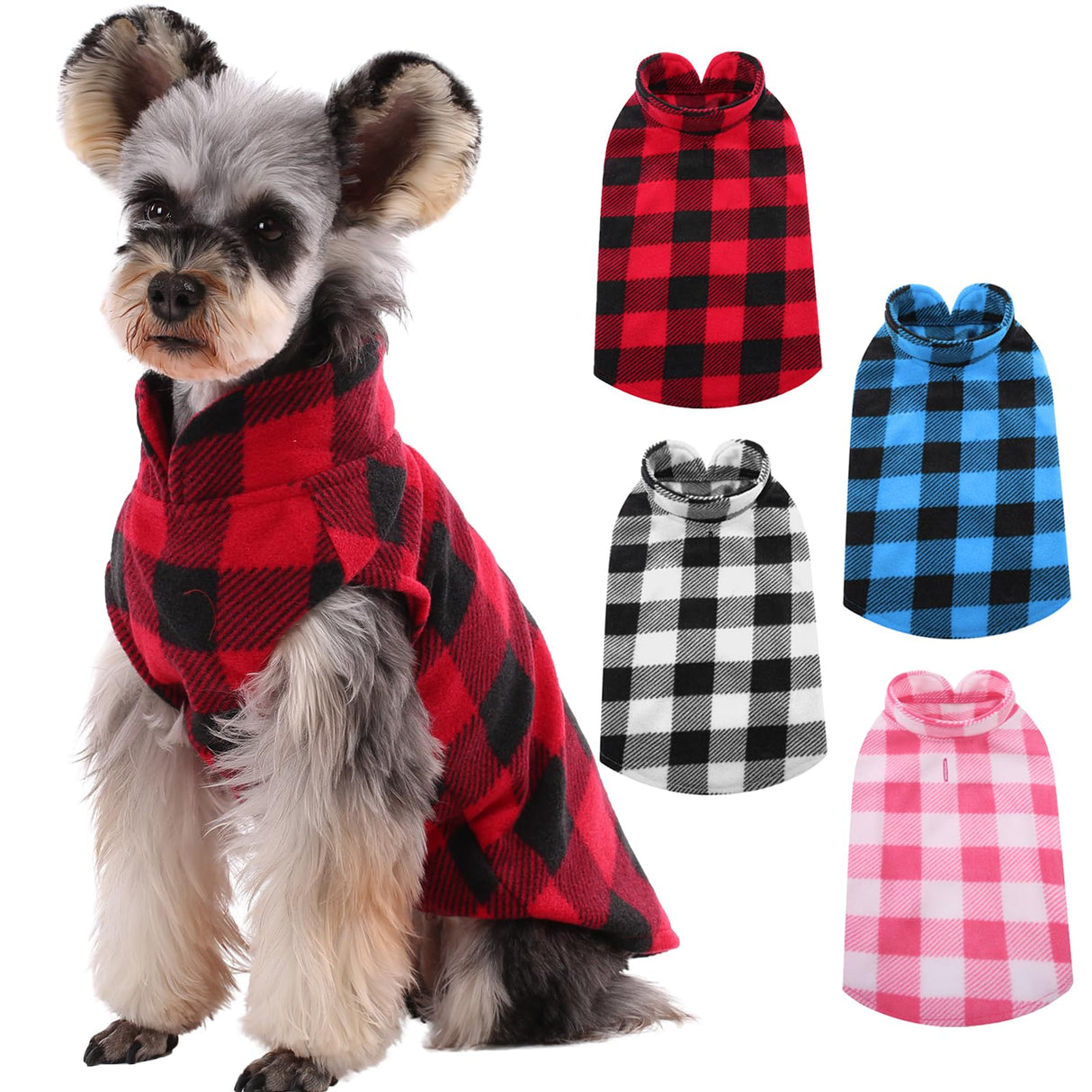 Kuoser 4 Pack Dog Fleece Vest,Warm Plaid Dog Sweater with Leash Hole,Soft Turtleneck Winter Pet Jacket Dogs Coat Pullover for Small Medium Dogs Cats,Spring Fall Cold Weather Christmas Outfit, L