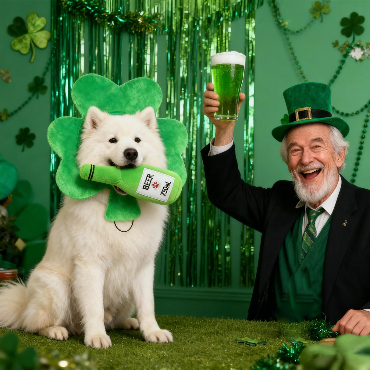 EXPAWLORER Dog St. Patrick's Day Outfit, Adorable St. Patrick's Day Costume Set Including Adjustable Green Shamrock Headband & Beer Plush Toy for Small Medium Pet Holiday Party Dress up