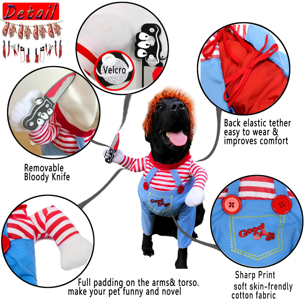 Pet Deadly Doll Dog Costume - Funny Halloween Chucky Outfit for Small, Medium, Large Dogs, Cats, Puppies - Cute Party Cosplay Dress Up - Scary Spooky Kitty Apparel