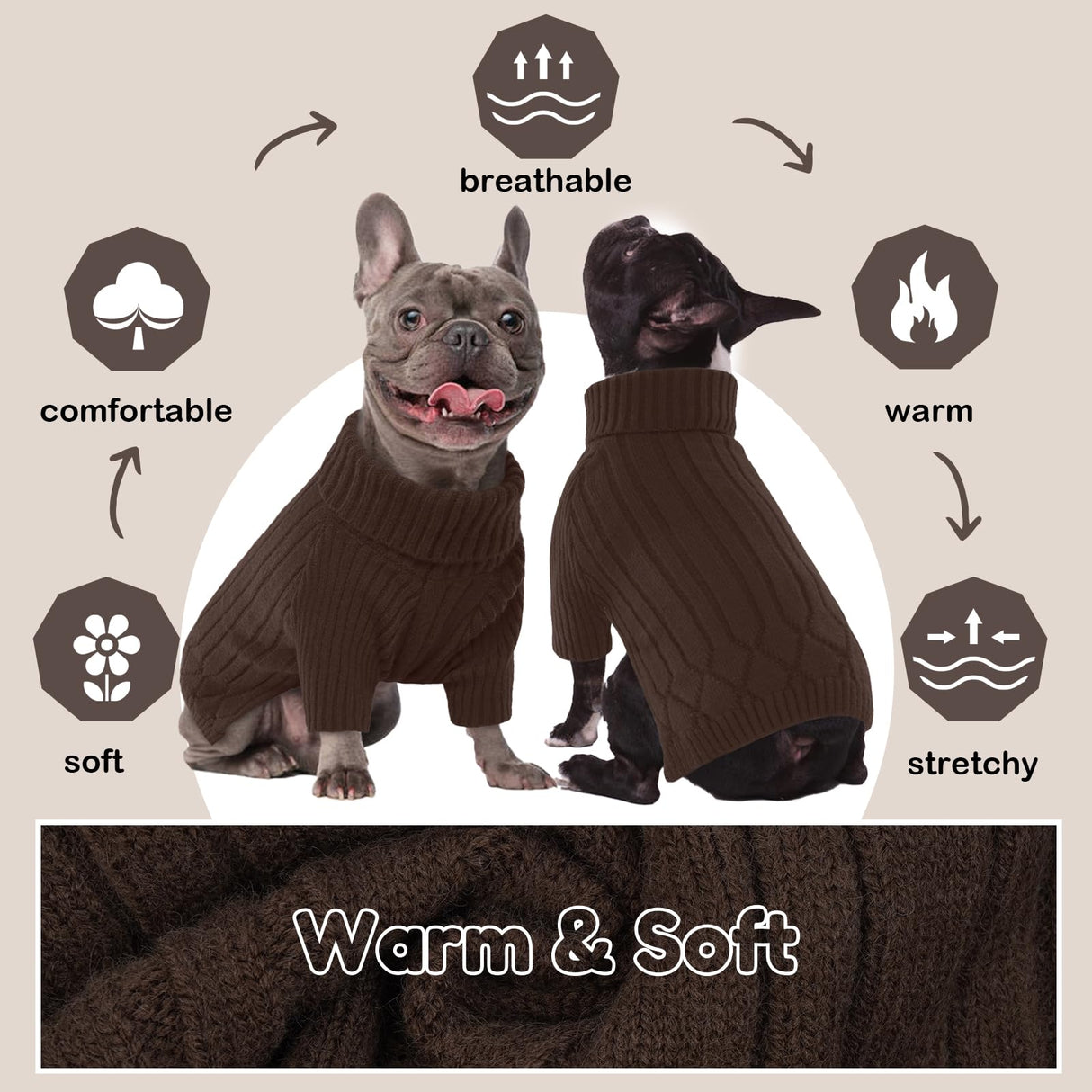 OUOBOB Large Dog Sweater - Turtleneck Thick Warm Doggie Christmas Sweater for Girl Boy Dogs (Brown L)