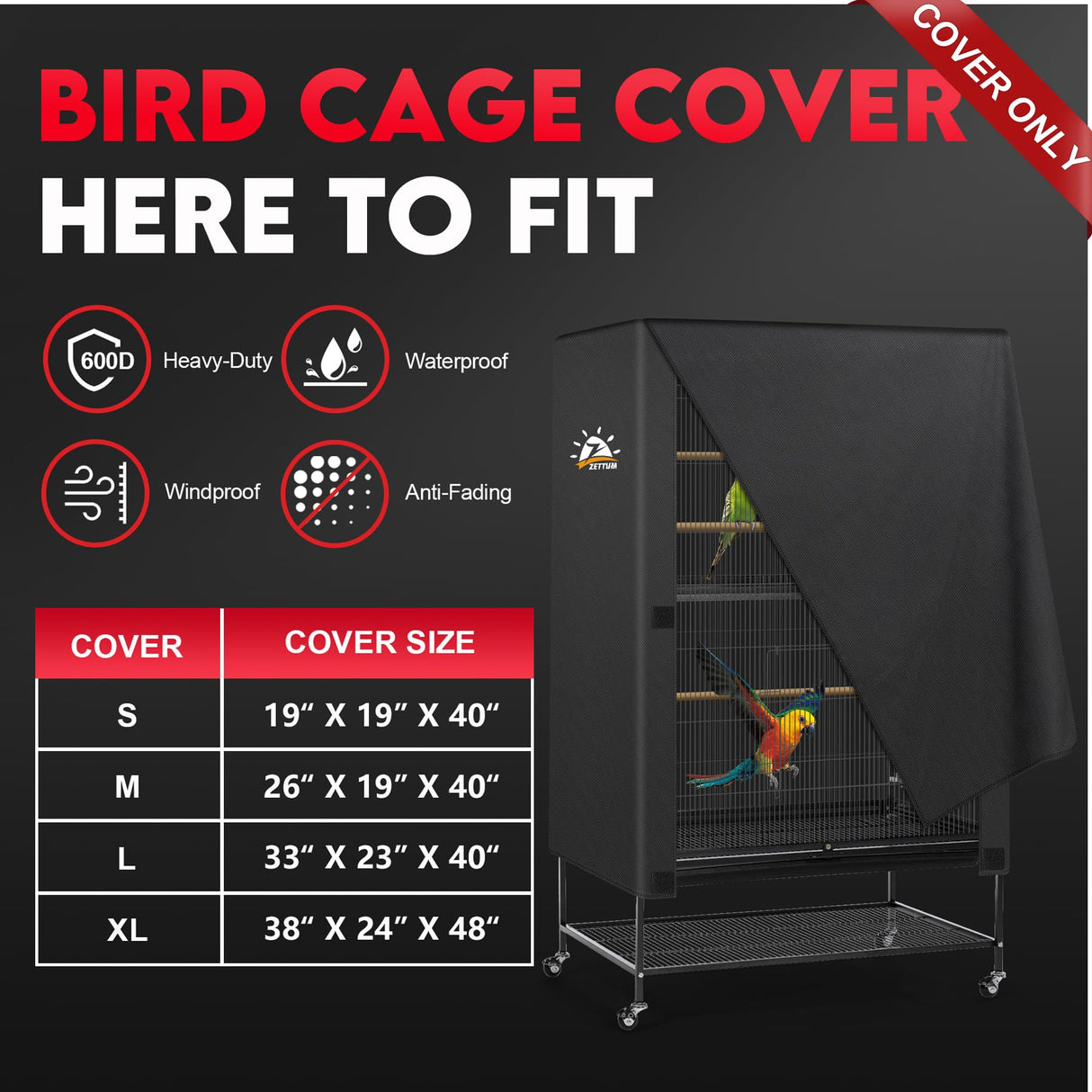 Zettum Bird Cage Cover - 600D Bird Cage Covers for Night Heavy Duty & Waterproof, Fade-Resistant Pet Bird Cage Cover Accessory for Parakeet, Parrot, Cockatiel and More Finches - 33 x 23 x 40 Inch