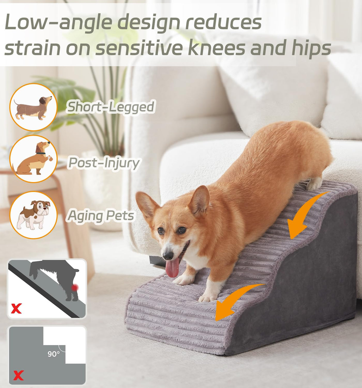 Laojin Balhen Dog Stairs for Small Dogs and Cats 18" H, High Density Support Foam Dog Steps Ramp for Bed and Couch, Pet Stairs with Non-Slip Bottom and Remove Washable Cover, 4-Step Pet Steps, Grey