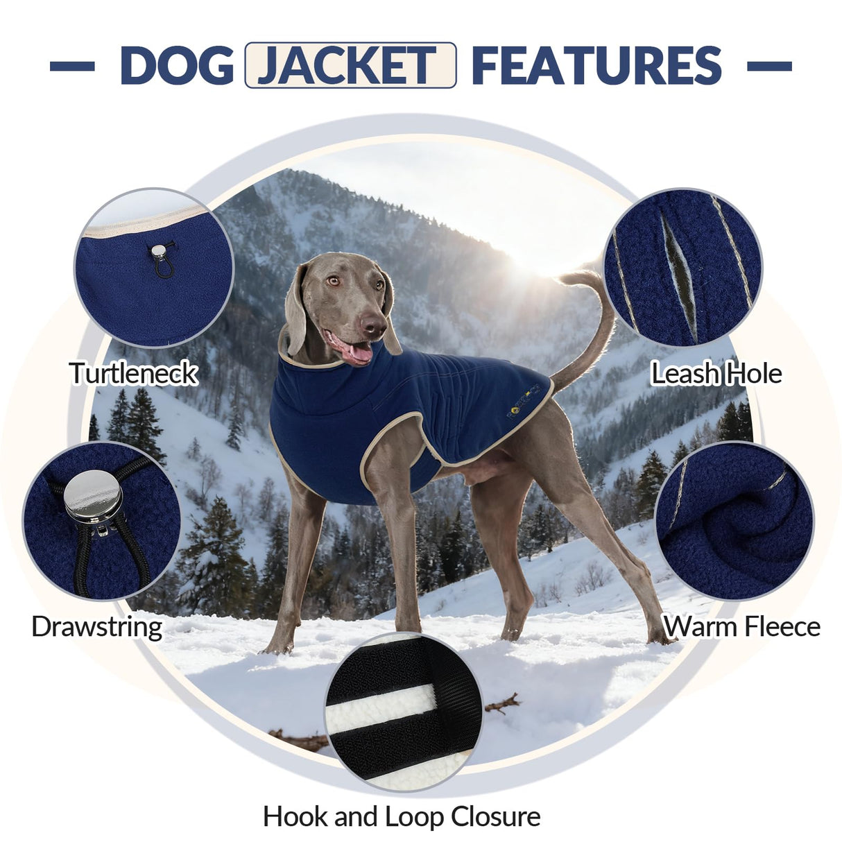 ROZKITCH Dog Coats for Large Dogs with Double Sided Polar Fleece and Sherpa for Cold Weather in Winter, Windproof Turtleneck Sweater with Adjustable Drawstring and Velcro DarkBlue 3XL