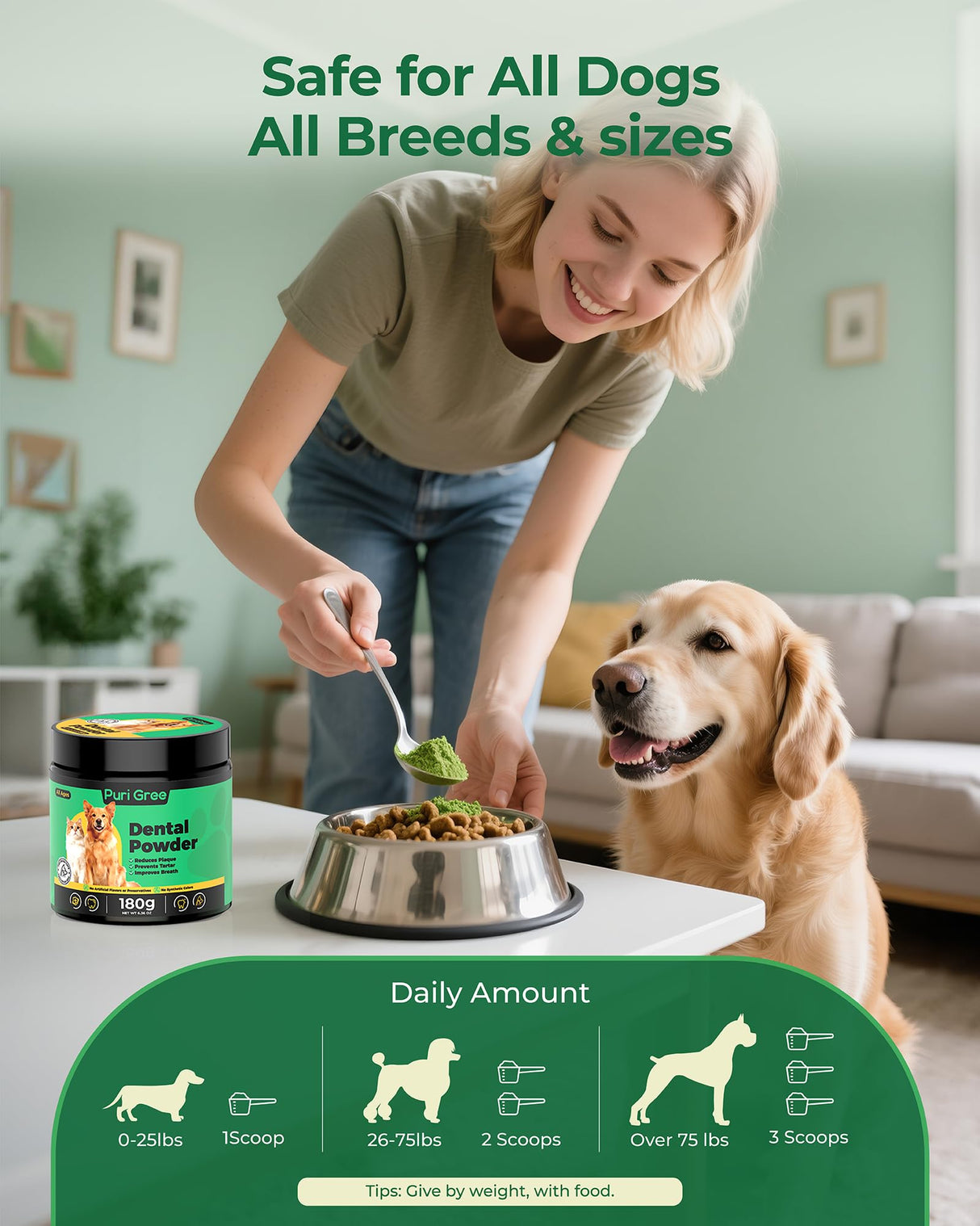 PuriGree Dog Dental Powder, Dog Teeth Natural Cleaning Powder, Dogs Breath Freshener, Enzymes & Probiotic with Plaque and Tartar Off, Pets Tooth Cleaning 180g/6.36 oz